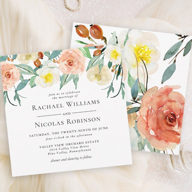 Elegant Peach and White Watercolor Floral Wedding Invitation (Creator Uploaded)