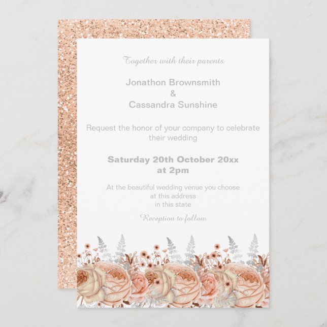 ELEGANT PEACH APRICOT FLORAL GLITTER WEDDING INVITATION (Front/Back)