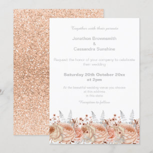 ELEGANT PEACH APRICOT FLORAL GLITTER WEDDING INVITATION