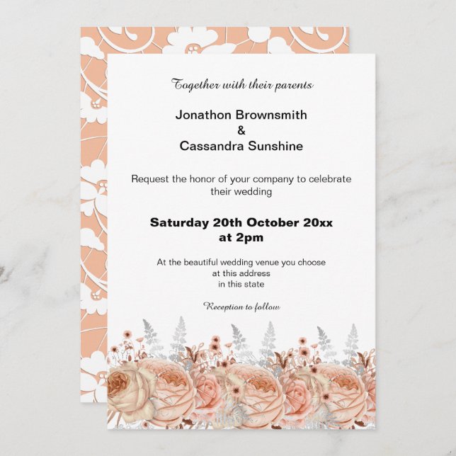 ELEGANT PEACH APRICOT LACE FLORAL DIAMOND WEDDING INVITATION (Front/Back)