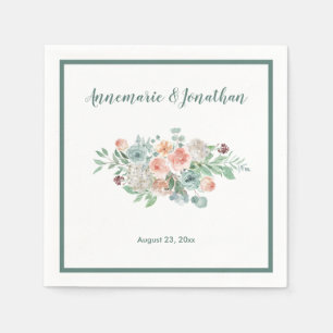 Elegant Peach Apricot Mint Watercolor Flowers Napkin
