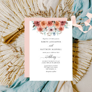 Elegant Peach, Blush and Blue Floral Wedding Invitation