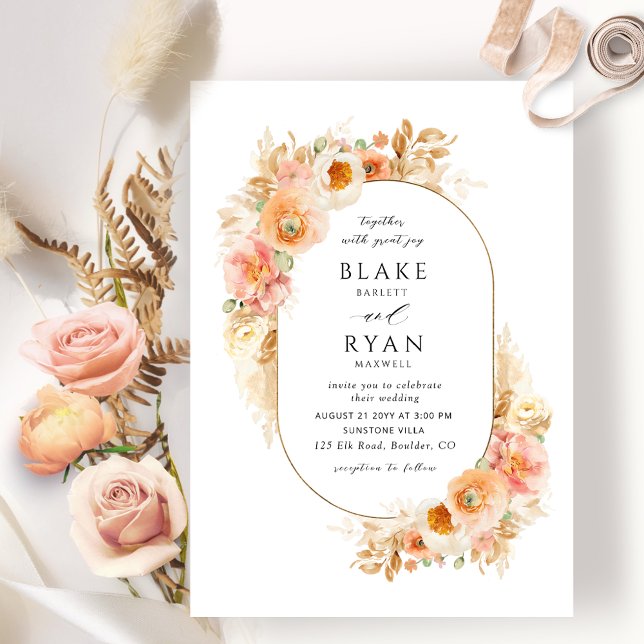 Elegant  Peach Blush and Cream Oval Wedding Invitation (Creator Uploaded)