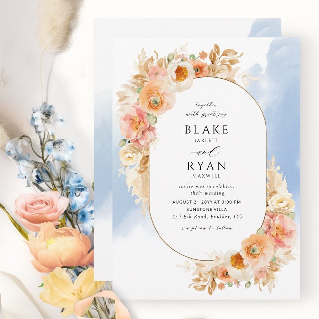 Elegant Peach Blush Cream and Blue Oval Wedding Invitation (Creator Uploaded)