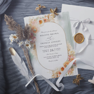 Elegant Peach Blush Cream Sage QR Code Wedding Invitation