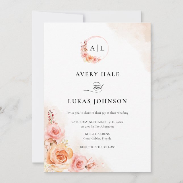 Elegant Peach Blush Floral Boho Wedding Invitation (Front)