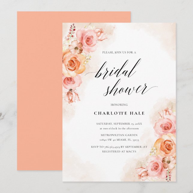 Elegant Peach Blush Floral Photo Bridal Shower Invitation (Front/Back)