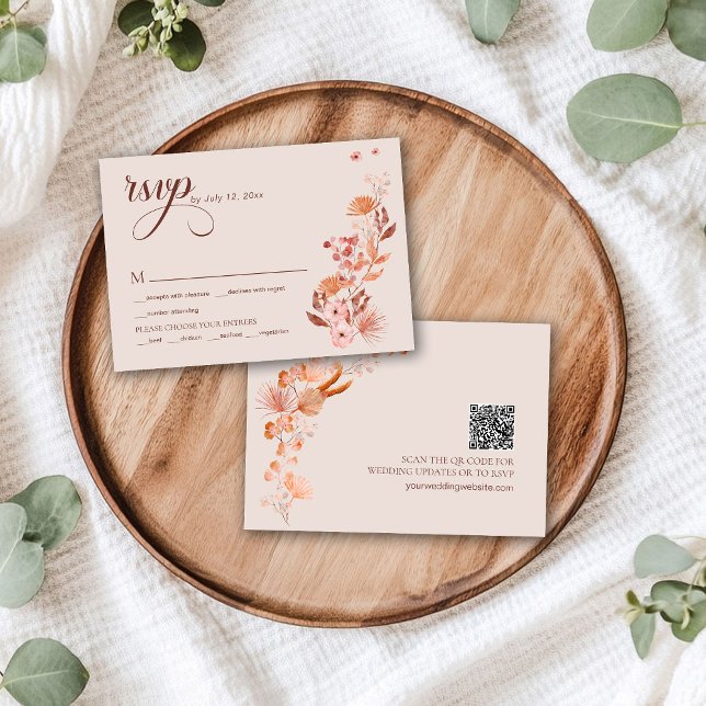 Elegant Peach Boho Style Floral QR code RSVP Card (Creator Uploaded)