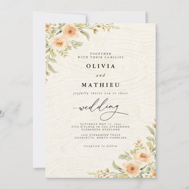 Elegant Peach Botanical Floral Wedding Invitation (Front)