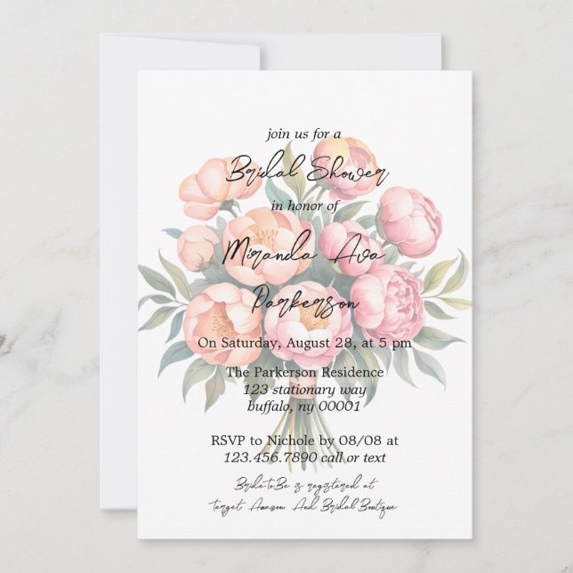 Elegant Peach Bouquet with Diamonds Bridal Shower Invitation (Front)