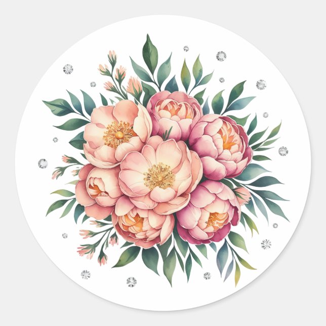 Elegant Peach Bouquet with Diamonds Wedding Classic Round Sticker (Front)