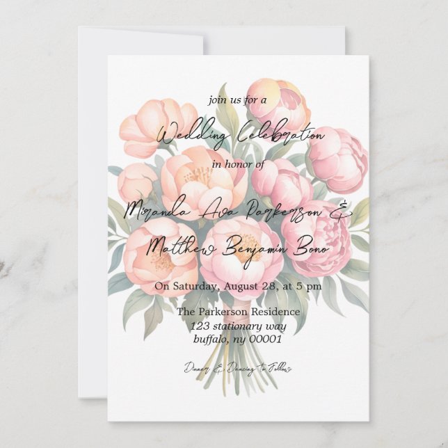 Elegant Peach Bouquet with Diamonds Wedding Invitation (Front)