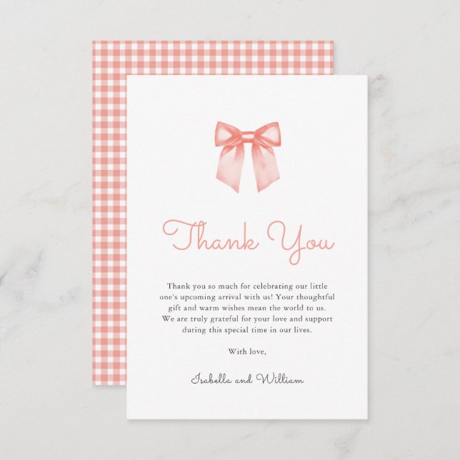 Elegant Peach Bow Baby Shower Thank You Card (Front/Back)