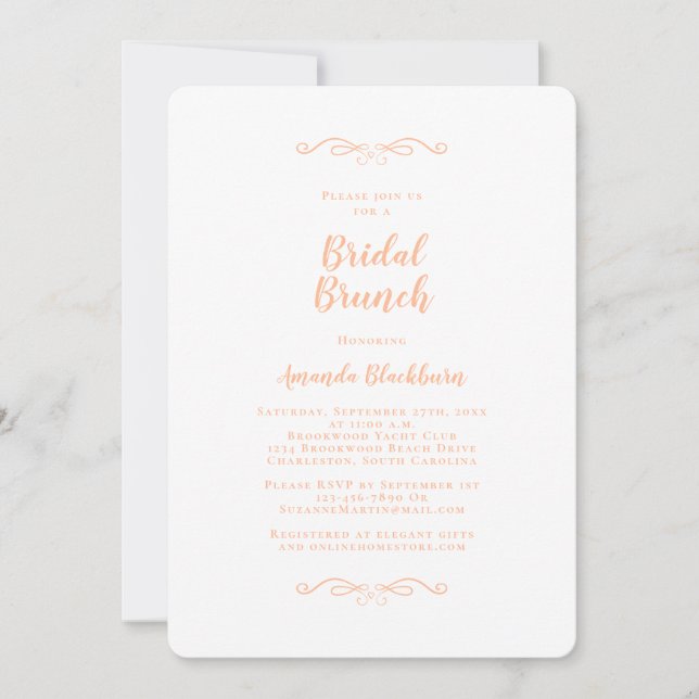 Elegant Peach Calligraphy Bridal Brunch  Invitation (Front)