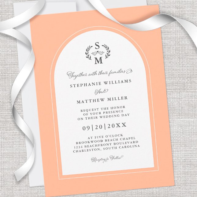 Elegant Peach Calligraphy Crest Arch Wedding Invitation (Creator Uploaded)