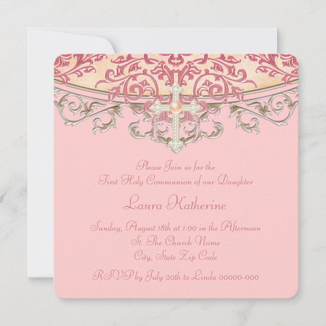 Elegant Peach Coral First Communion Invitation (Front)