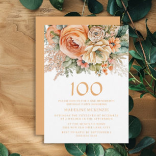 Elegant Peach Cream Floral 100th Birthday Invitation