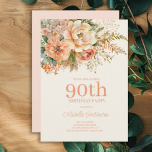 Elegant Peach Cream Floral 90th Birthday Invitation