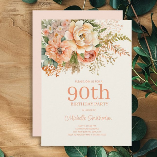 Elegant Peach Cream Floral 90th Birthday Invitation (Peach and cream watercolor floral 90th birthday party invitation)