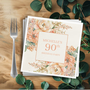 Elegant Peach Cream Floral 90th Birthday Napkin