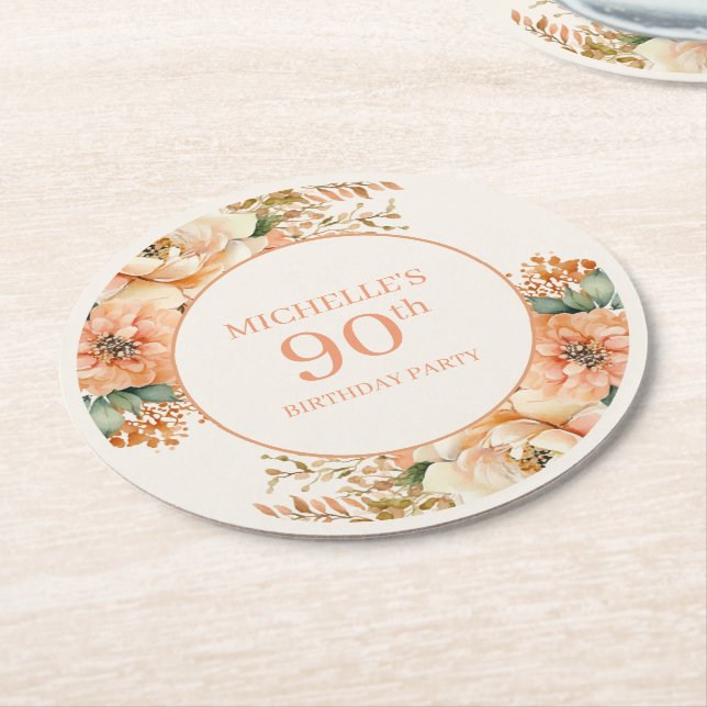 Elegant Peach Cream Floral 90th Birthday Round Paper Coaster (Angled)
