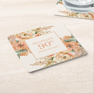 Elegant Peach Cream Floral 90th Birthday Square Paper Coaster
