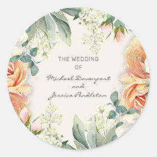 Elegant Peach Cream Floral Eucalyptus Wedding Classic Round Sticker