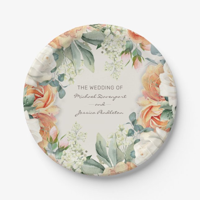 Elegant Peach Cream Floral Eucalyptus Wedding Paper Plate (Front)