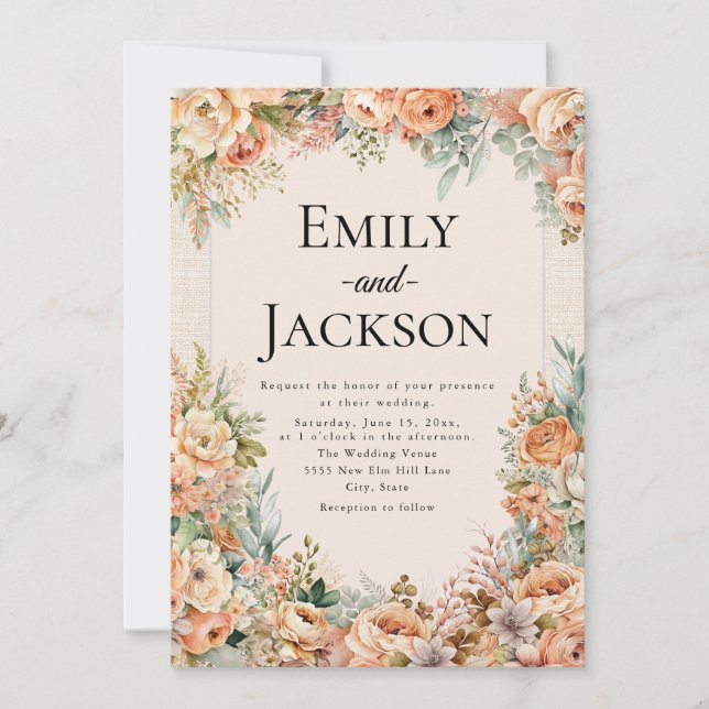 Elegant Peach Cream Floral Wedding Invitation (Front)
