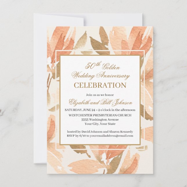 Elegant Peach Cream Gold 50th Wedding Anniversary Invitation (Front)