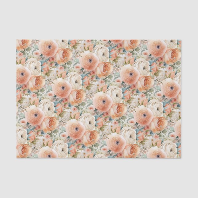 Elegant Peach Cream Watercolor Floral  Tissue Paper (Front)