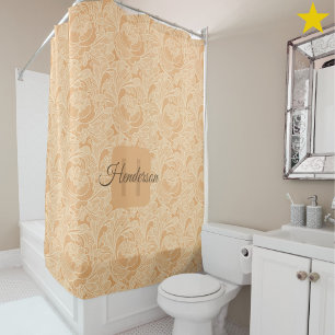Elegant Peach Crochet Doily Floral Monogram Name Shower Curtain