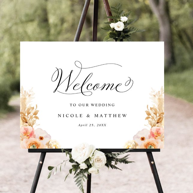 Elegant Peach Delight Floral Wedding Welcome Sign (Creator Uploaded)