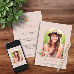 Elegant Peach Floral Boho Arch Photo Graduation Invitation