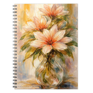 Elegant Peach Floral Bouquet Glass Vase Watercolor Notebook