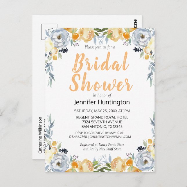 Elegant Peach Floral Bridal Shower Invitation Postcard (Front/Back)