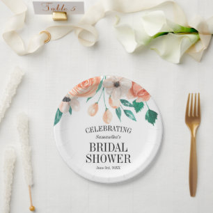 Elegant Peach Floral Bridal Shower Personalised Paper Plate