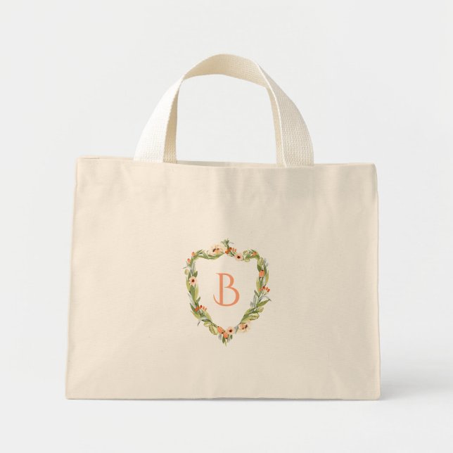 Elegant Peach Floral Crest Monogram Bridesmaid Mini Tote Bag (Front)