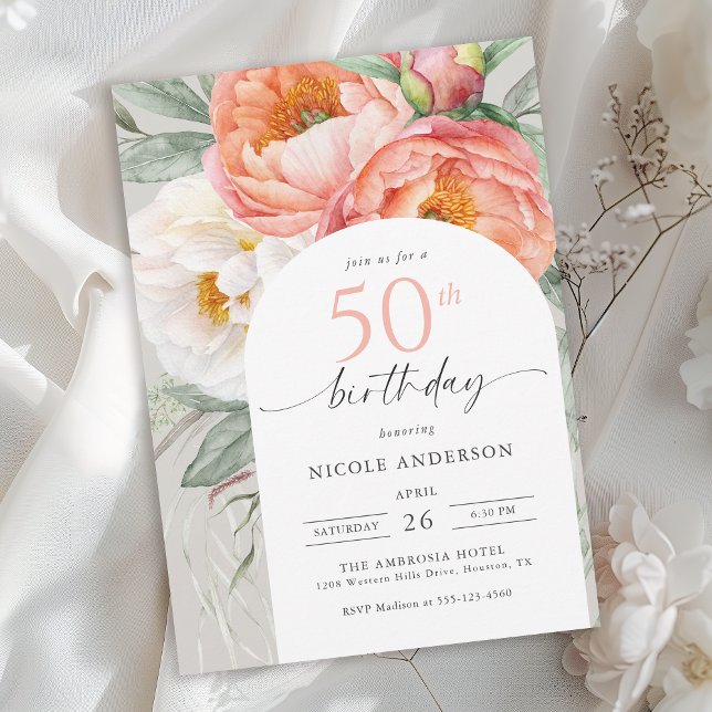 Elegant Peach Floral Feminine 50th Birthday Invitation (Available in both printed and instant download digital format.)