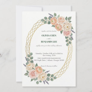 Elegant Peach Floral & Gold Lattice Oval Wedding Invitation