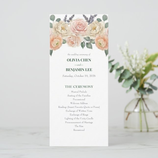 Elegant Peach Floral & Gold Lattice Wedding Program (Standing Front)