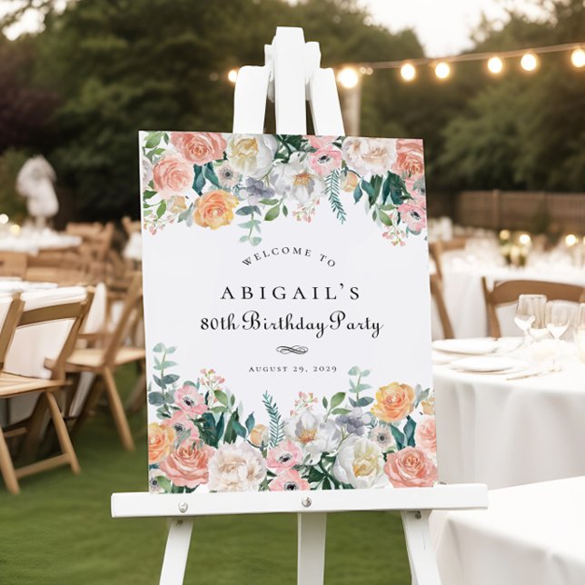 Elegant Peach Floral Leaf 80th Birthday Party Sign (Creator Uploaded)