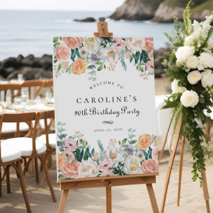 Elegant Peach Floral Leaf 90th Birthday Party Sign