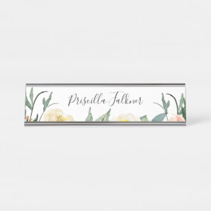 Elegant Peach Floral Modern Script Desk Name Plate