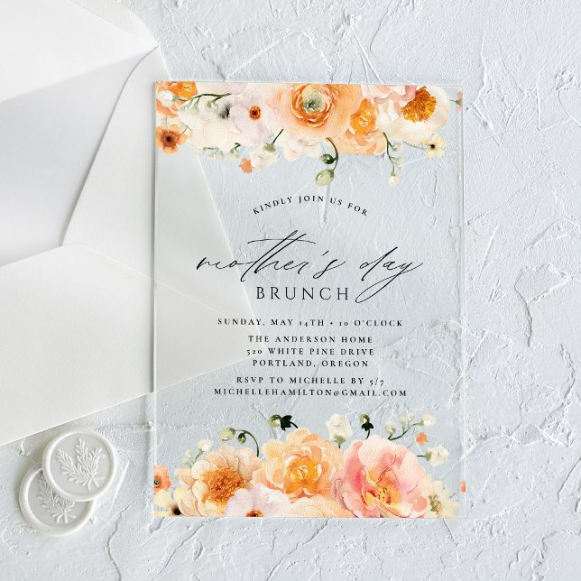 Elegant Peach Floral Mother's Day Brunch Acrylic Invitations (Creator Uploaded)
