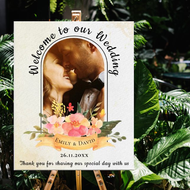 Elegant Peach Floral Photo Arch Wedding Welcome Poster (Creator Uploaded)