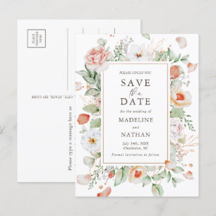 Elegant Peach Floral Watercolor Save the Date Announcement Postcard