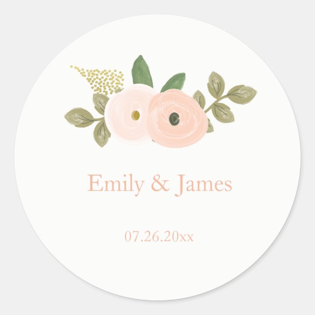 Elegant Peach Floral Watercolor Wedding Sticker (Front)