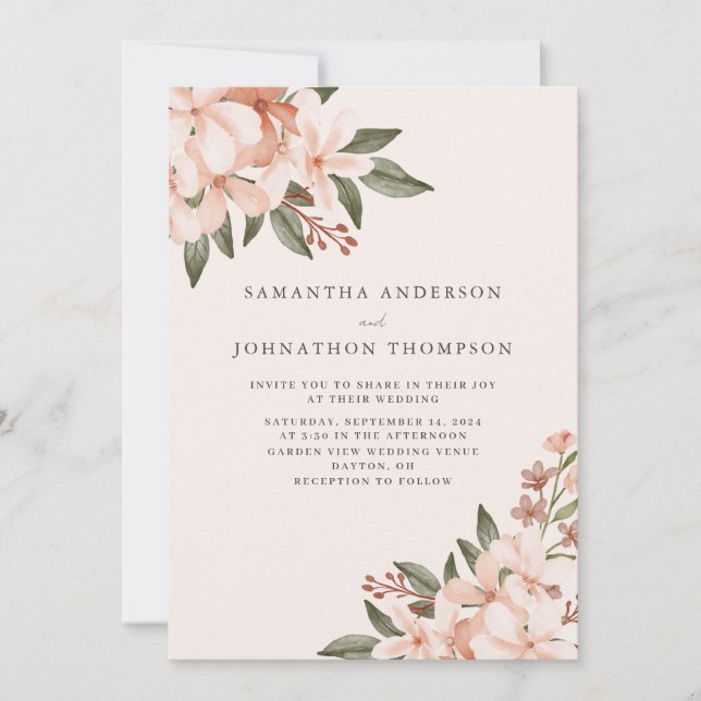 Elegant Peach Floral Wedding Invitation (Front)