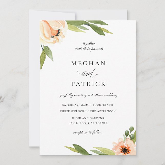 Elegant Peach Floral Wedding Invitation (Front)